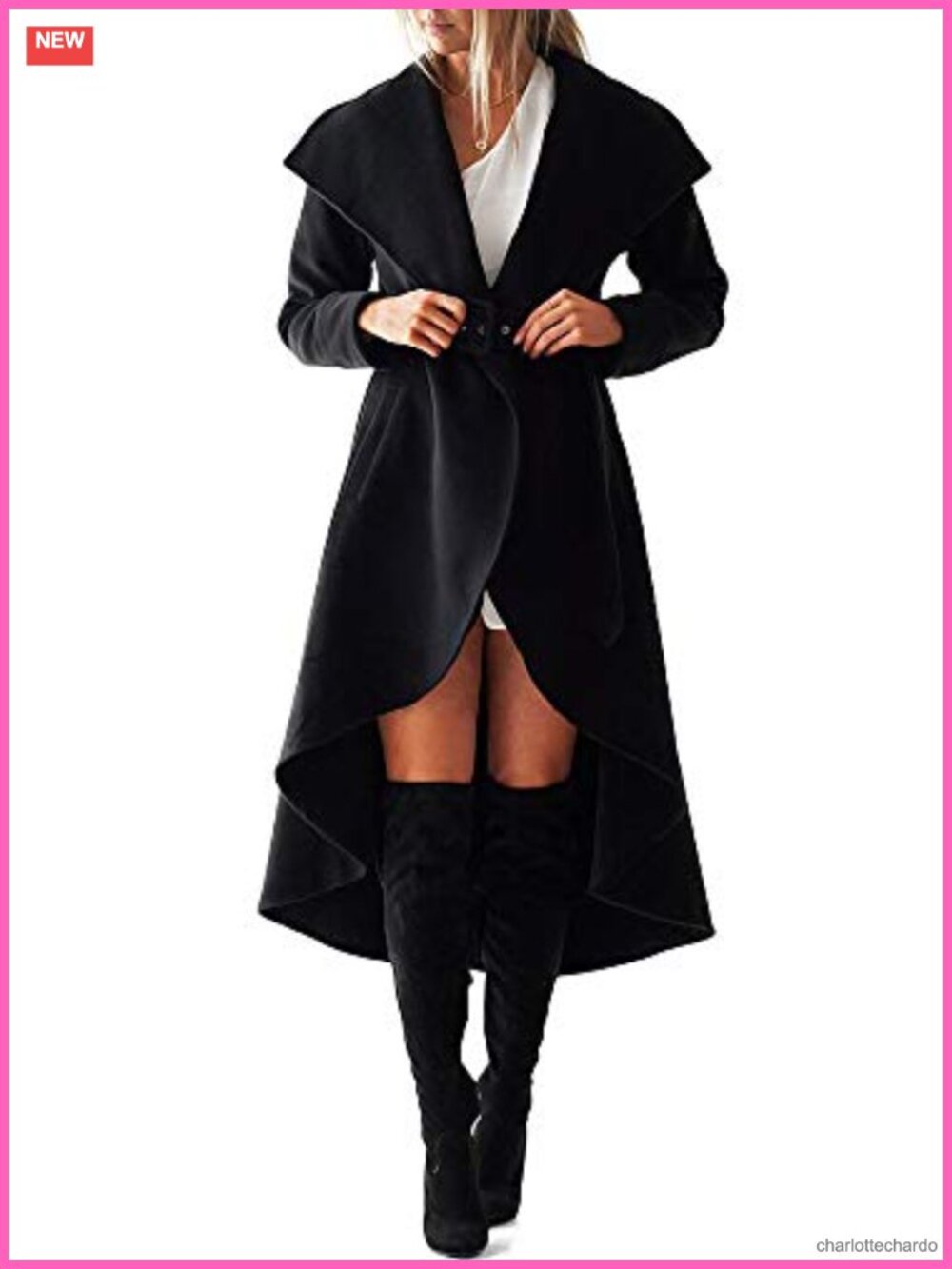 Wool Blend Trench Coat Wrap Collar High Low Hem Belted Winter Outerwear